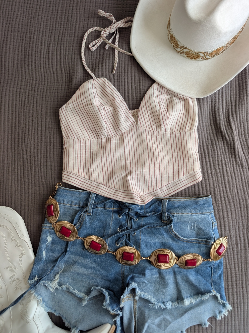 Striped Cream and Red Linen Halter Crop Top